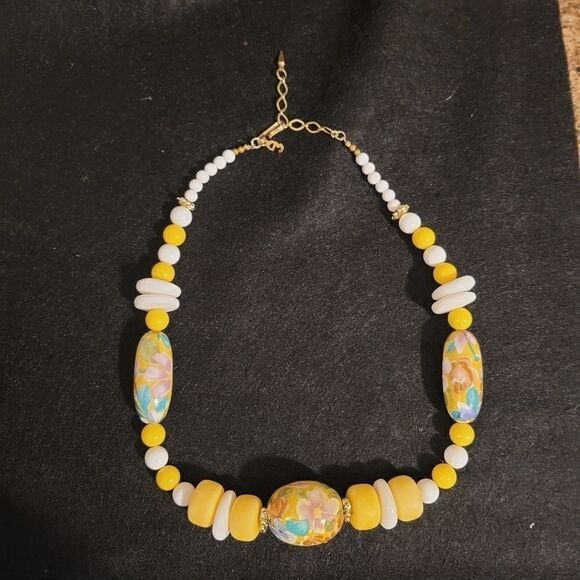 80s WD Beaded Necklace Statement Piece Yellow Colorful Spring - Picture 5 of 7